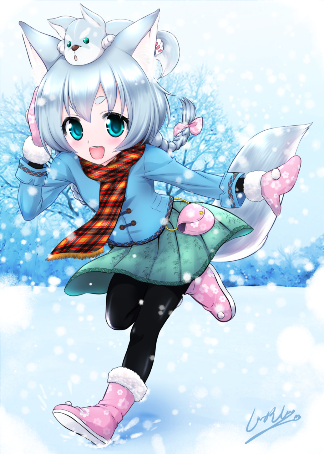 1girl animal animal_ears animal_on_head black_legwear blue_eyes blue_hair boots braid hair_ornament highres junji_(jyuxjyux) koyomi_(shironeko_project) mittens on_head open_mouth scarf shironeko_project snow tail tarou_(shironeko_project) tree twin_braids wolf wolf_ears wolf_tail