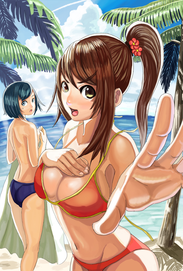 ass attsun_(atsushi_jb) back bikini bikini_bottom blue_eyes blue_hair breast_suppress breasts brown_eyes brown_hair cleavage cloud covering face flat_chest flower foreshortening hair_flower hair_ornament large_breasts legs long_hair looking_back multiple_girls navel nishigori_atsushi open_mouth original outdoors outstretched_arm outstretched_hand palm_tree ponytail reaching short_hair sky surprised swimsuit topless towel tree untied water yellow_eyes