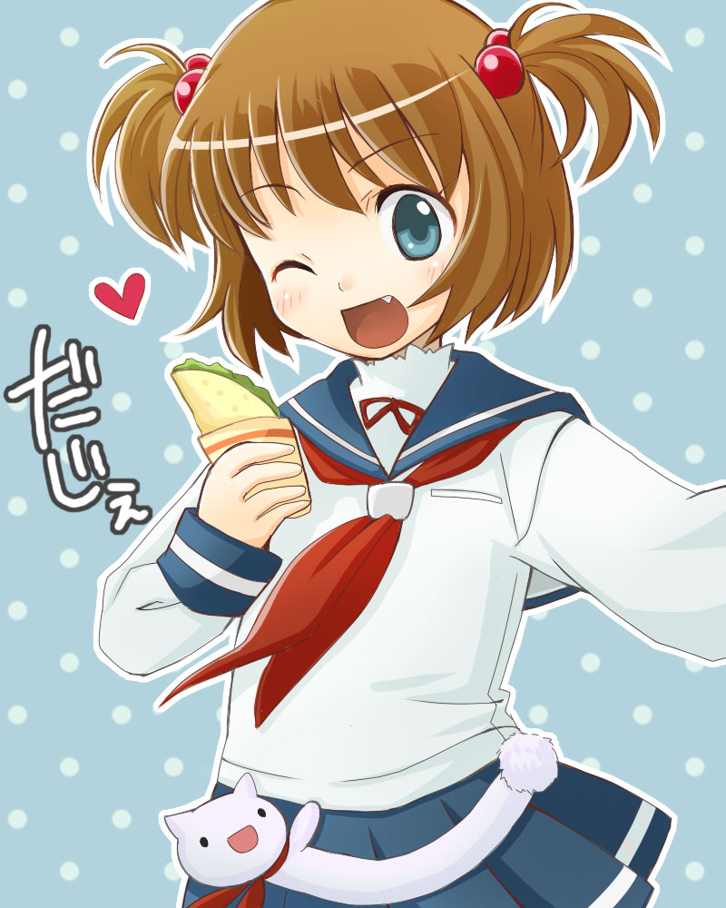 blue_eyes blush brown_hair fang hair_bobbles hair_ornament kataoka_yuuki saki school_uniform serafuku short_hair short_twintails skirt smile taco twintails wink