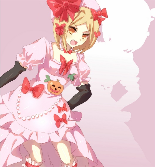 angry blonde_hair dress fang lambdadelta pink pink_dress pumpkin ribbon ribbons umineko_no_naku_koro_ni yellow_eyes