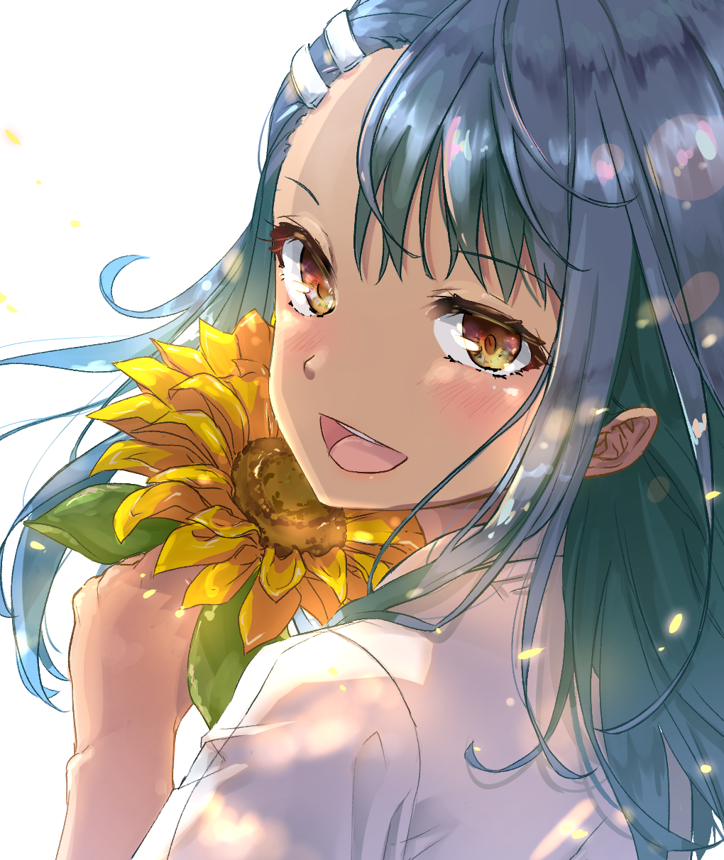 1girl :d bangs black_hair blush brown_eyes close-up commentary dark-skinned_female dark_skin dress_shirt eyebrows_visible_through_hair eyelashes flower hair_ornament hair_strand hairclip highres holding holding_flower ijiranaide_nagatoro-san long_hair looking_at_viewer looking_back menda_cocoa nagatoro_hayase open_mouth school_uniform shirt short_sleeves smile solo sunflower teeth upper_body upper_teeth white_background white_shirt yellow_flower