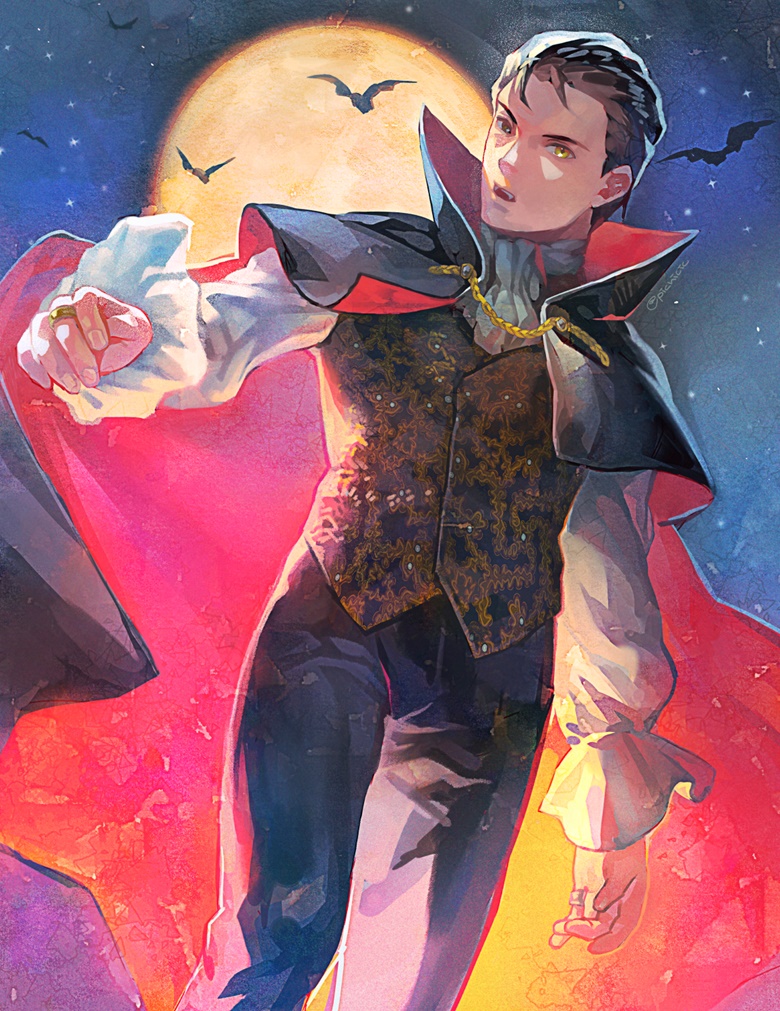 1boy alternate_costume ascot bat black_hair cape chain commission commissioner_upload european_clothes fangs fire_emblem fire_emblem:_thracia_776 fire_emblem_heroes full_moon gold_chain halloween halloween_costume jewelry long_sleeves looking_at_viewer moon night night_sky open_mouth picnicic reinhardt_(fire_emblem) ring sky solo star_(sky) starry_sky vampire vampire_costume yellow_eyes