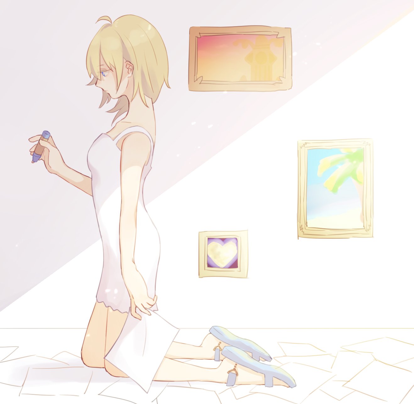 1girl bare_shoulders blonde_hair blue_eyes breasts closed_mouth crayon dress fukube_uni heart highres kingdom_hearts kingdom_hearts_ii long_hair namine painting_(object) paper sandals solo white_dress