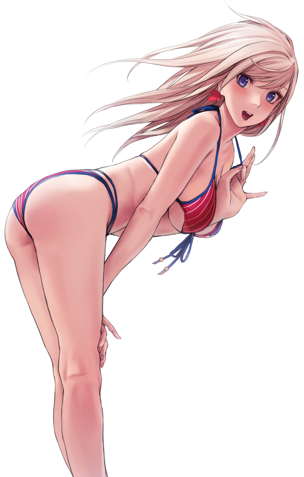 1girl american_flag_bikini applekun arm_between_breasts ass bent_over between_breasts bikini bikini_pull blue_eyes breasts clothes_pull earrings fate/grand_order fate_(series) feet flag_print floating_hair from_side hair_down halterneck hand_on_own_knee highres jewelry kneepits large_breasts leaf legs long_hair looking_at_viewer maple_leaf miyamoto_musashi_(fate) miyamoto_musashi_(swimsuit_berserker)_(fate) open_clothes pink_hair simple_background smile solo standing straight_hair swimsuit teeth upper_teeth white_background