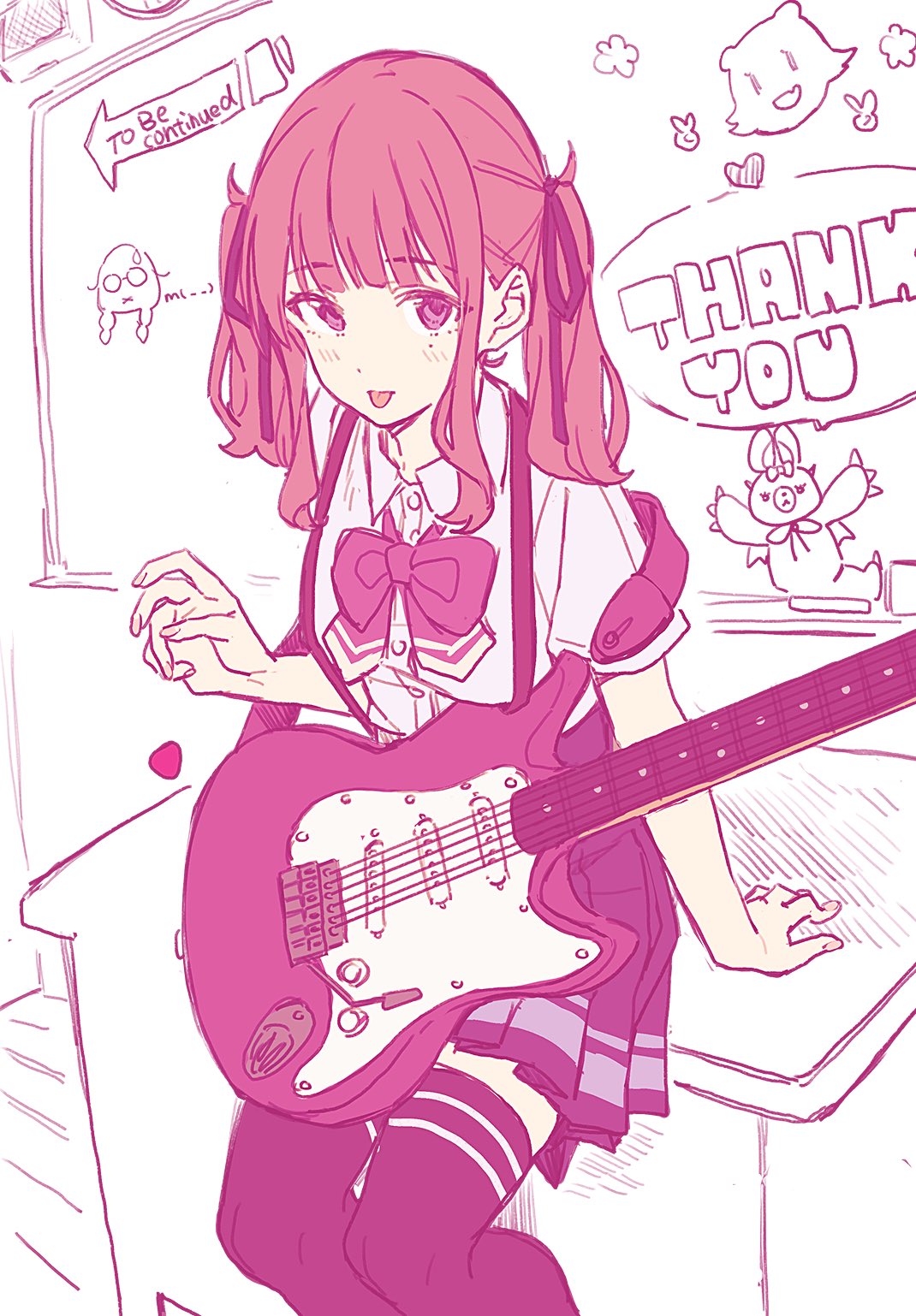 1girl :p arm_support arrow_(projectile) bow bowtie carrying cevio chalkboard cowboy_shot desk electric_guitar guitar hanakuma_chifuyu highres horns indoors instrument koharu_rikka looking_at_viewer medium_hair miniskirt monochrome natsuki_karin pink_eyes pink_hair pink_neckwear pink_theme pleated_skirt plectrum school_uniform short_sleeves sitting skirt speaker speech_bubble spot_color stuffed_animal stuffed_toy synthesizer_v teddy_bear teshima_nari thank_you thigh-highs to_be_continued tongue tongue_out twintails wooden_floor zettai_ryouiki