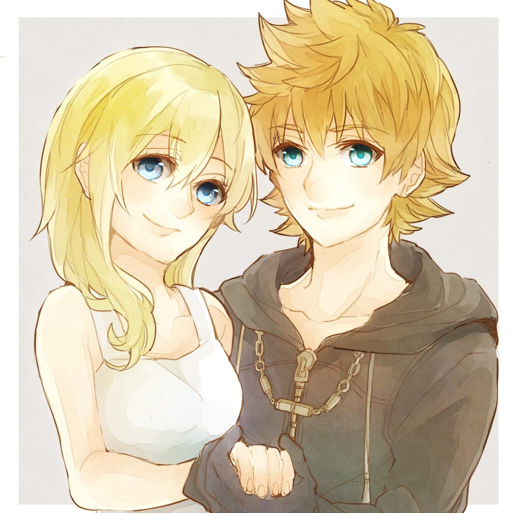 1boy 1girl blonde_hair blue_eyes breasts closed_mouth collarbone dress kingdom_hearts kingdom_hearts_ii long_hair looking_at_viewer namine simple_background smile white_dress