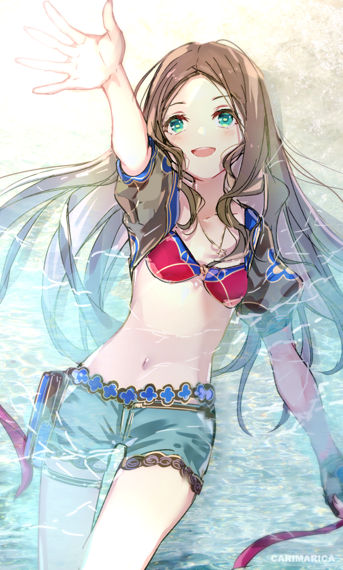 1girl bangs beach bikini bikini_top blue_shorts blush breasts brown_gloves brown_hair collarbone fate/grand_order fate_(series) fingerless_gloves forehead gloves green_eyes jewelry leonardo_da_vinci_(fate) leonardo_da_vinci_(swimsuit_ruler)_(fate) long_hair lying navel necklace on_back open_mouth outstretched_arm parted_bangs puffy_short_sleeves puffy_sleeves red_bikini shore short_shorts short_sleeves shorts shrug_(clothing) sidelocks small_breasts smile solo swimsuit thighs wet zeromomo