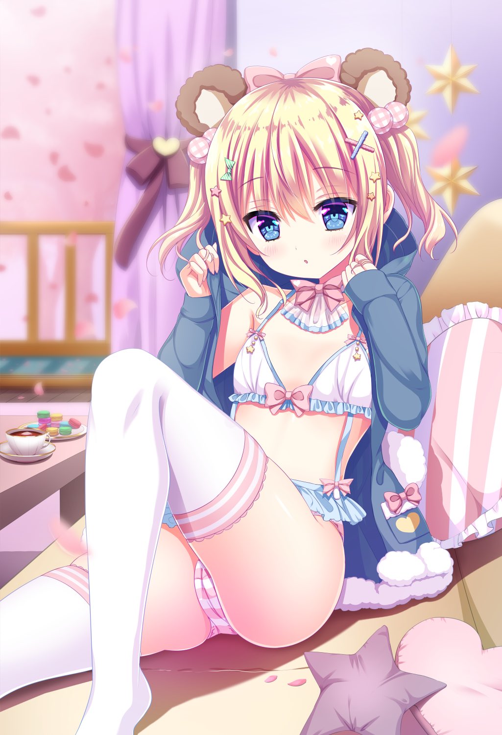 1girl animal_ears bangs bear_ears blonde_hair blue_eyes blue_jacket blurry blurry_background bra coffee_cup couch cup curtains cushion detached_collar disposable_cup eyebrows_visible_through_hair flat_chest food frilled_bra frills hair_bobbles hair_ornament highres jacket knee_up looking_at_viewer macaron original panties parted_lips plate saucer shiwasu_horio sitting solo star_(symbol) star_hair_ornament striped striped_panties table thigh-highs underwear white_bra white_legwear window x_hair_ornament