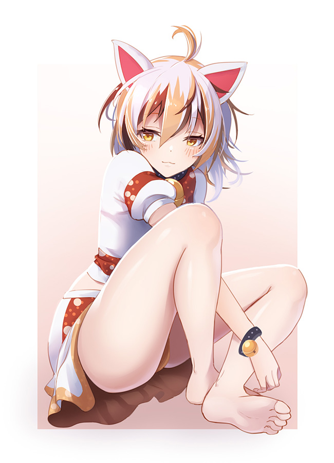 1girl :3 ahoge animal_ears bangs bare_legs barefoot bell blush calico cat_ears cat_girl cat_tail crop_top full_body goutokuji_mike gradient gradient_background jingle_bell maneki-neko medium_skirt midriff_peek multicolored multicolored_clothes multicolored_hair multicolored_shirt multicolored_skirt multicolored_tail neck_bell orange_eyes patches patchwork_clothes short_hair sitting skirt soles streaked_hair tail thighs toes touhou white_hair z.o.b