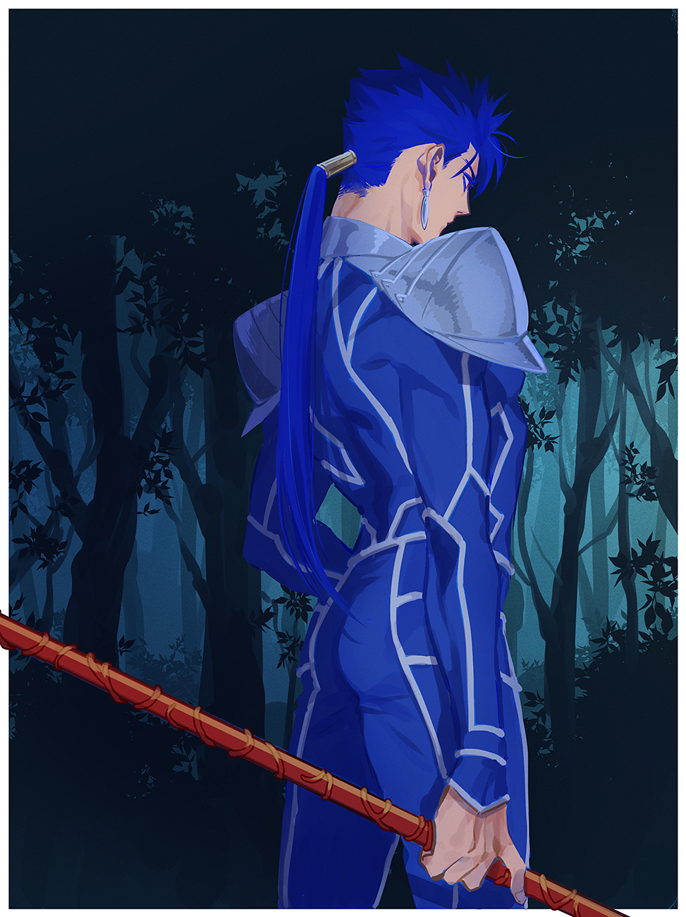 1boy armor ass beads blue_bodysuit blue_hair bodysuit cowboy_shot cu_chulainn_(fate) cu_chulainn_(fate/stay_night) earrings fate/stay_night fate_(series) from_behind gae_bolg_(fate) hair_beads hair_ornament highres holding holding_polearm holding_weapon jewelry long_hair male_focus muscular muscular_male outdoors pauldrons polearm ponytail shoulder_armor skin_tight solo spiky_hair tree uni_(nico02) weapon