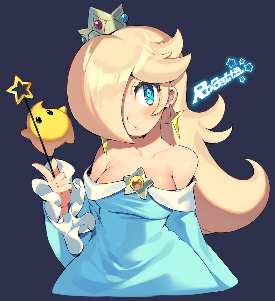 1girl bare_shoulders blonde_hair blue_dress blue_eyes blush breasts character_name collarbone cropped_torso crown dress earrings hair_over_one_eye hand_up holding holding_wand iroyopon jewelry lips long_hair long_sleeves looking_to_the_side luma_(mario) off-shoulder_dress off_shoulder parted_lips rosalina simple_background star_(symbol) star_earrings super_mario_bros. super_mario_galaxy wand