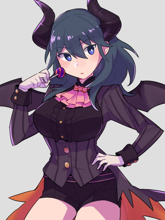 1girl alternate_costume ascot bangs black_horns black_shirt black_shorts blue_eyes blue_hair blush breasts buttons byleth_(fire_emblem) byleth_(fire_emblem)_(male)_(cosplay) byleth_eisner_(female) byleth_eisner_(male) candy cosplay demon_girl demon_horns demon_wings do_m_kaeru eyebrows_visible_through_hair fire_emblem fire_emblem:_three_houses fire_emblem_heroes food gloves grey_background hair_between_eyes halloween halloween_costume hand_on_hip holding holding_candy holding_food holding_lollipop horns large_breasts lollipop long_hair long_sleeves looking_at_viewer parted_lips pink_neckwear shirt short_shorts shorts simple_background solo striped striped_shirt underbust white_gloves wings