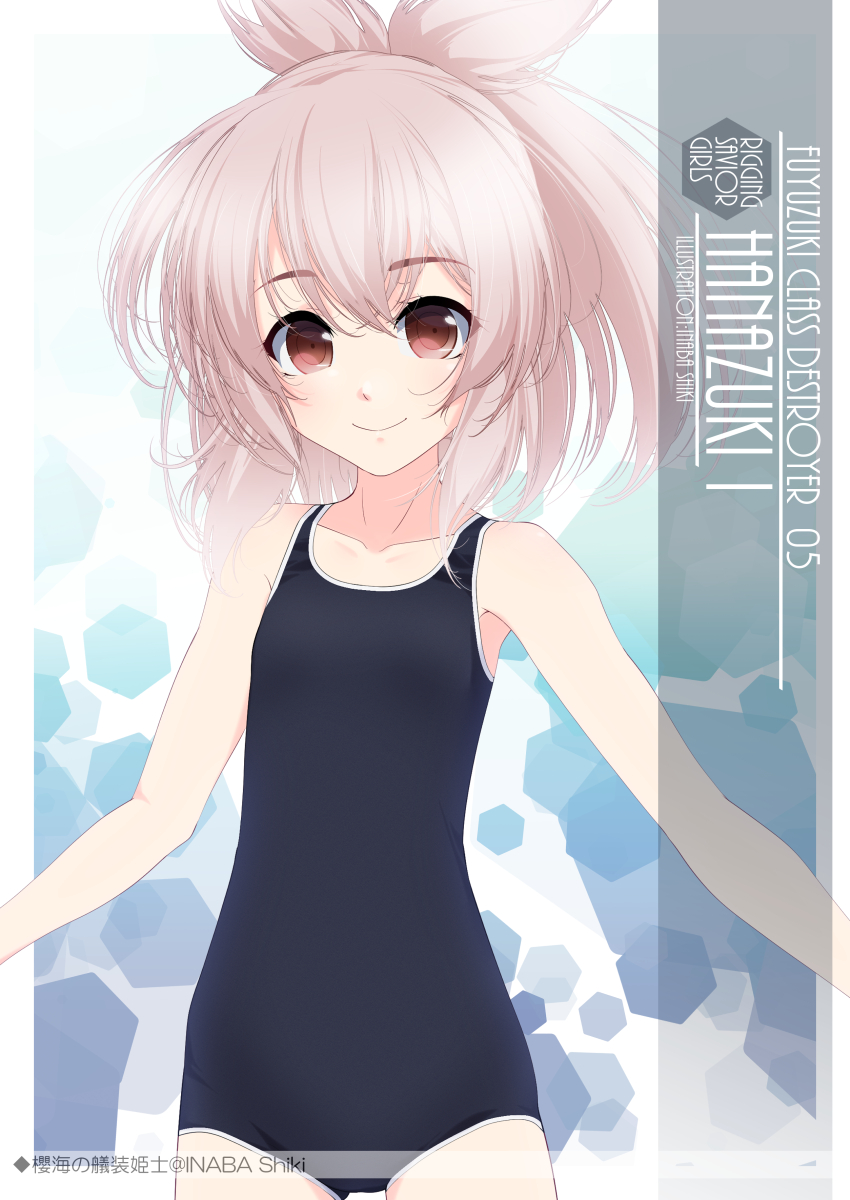 1girl artist_name black_swimsuit character_name character_request cowboy_shot flat_chest highres inaba_shiki long_hair looking_at_viewer new_school_swimsuit one-hour_drawing_challenge original pink_hair red_eyes school_swimsuit smile solo standing swimsuit