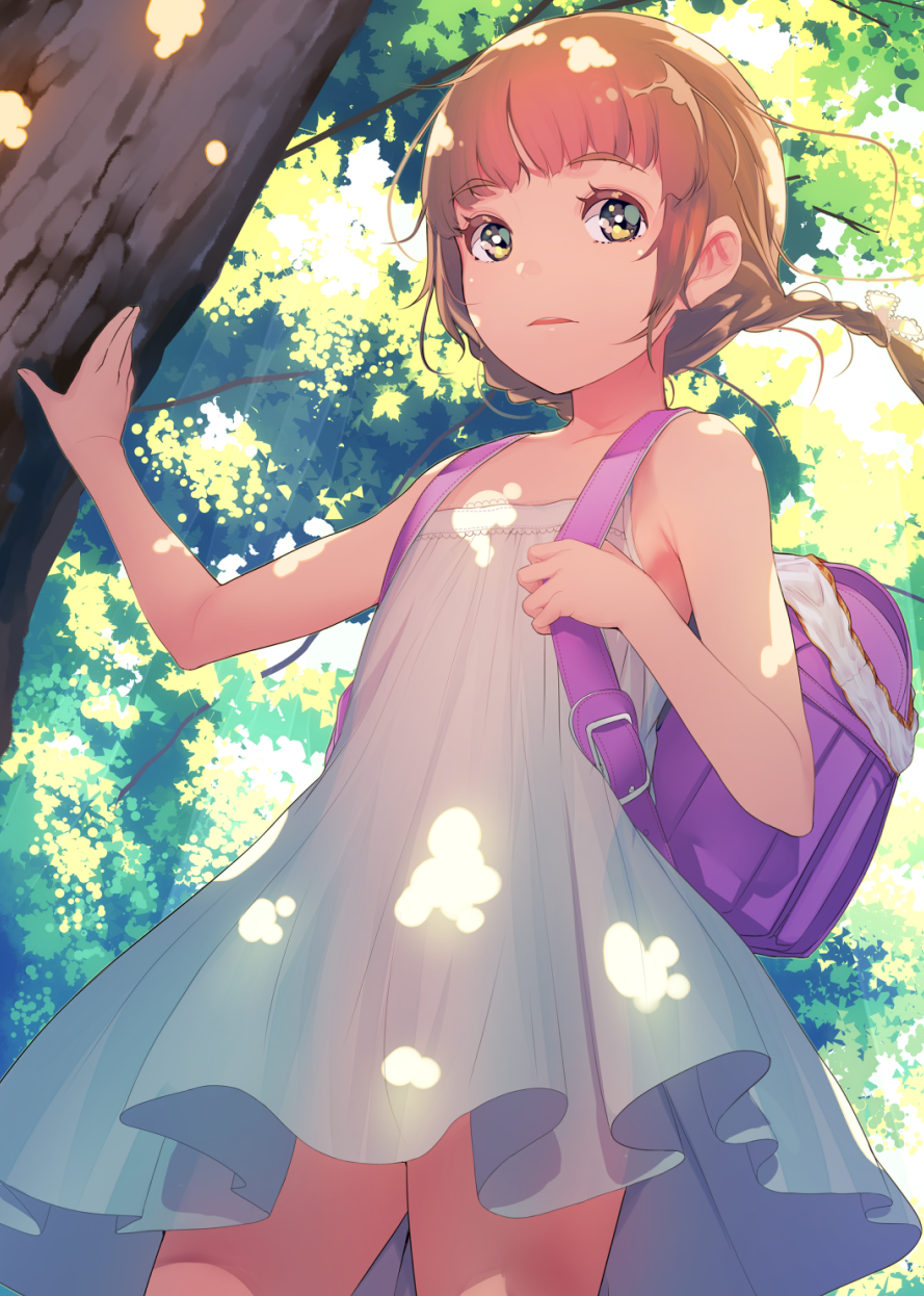 1girl backpack bag bangs bare_arms bare_shoulders blunt_bangs blush braid brown_hair collarbone commentary_request commission dappled_sunlight day dress flat_chest forest highres light_rays looking_at_viewer nature no_panties original outdoors panties panties_removed parted_lips randoseru skeb_commission sleeveless sody solo sunlight tree twin_braids underwear white_dress white_panties