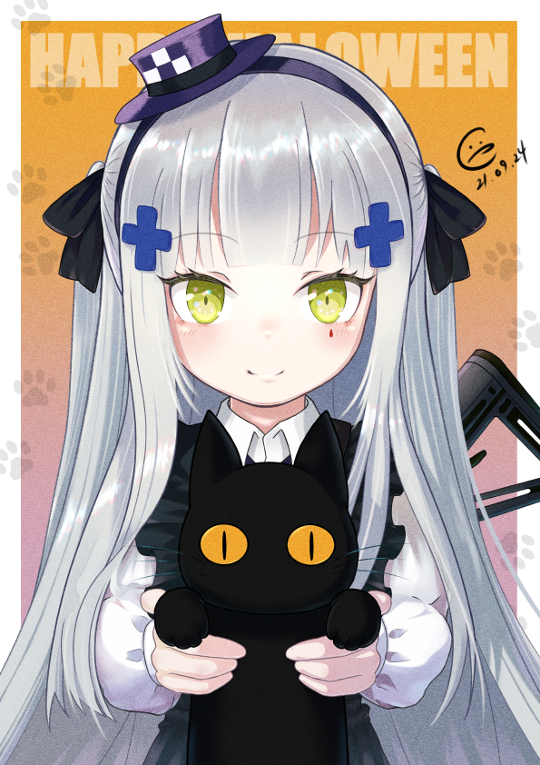 1girl animal apron assault_rifle bangs black_apron black_cat black_hairband black_ribbon cat chicamort collared_shirt commentary_request dated eyebrows_visible_through_hair facial_mark frilled_apron frilled_sleeves frills girls_frontline gradient gradient_background green_eyes gun h&amp;k_hk416 hair_ornament hair_ribbon hairband halloween hat hk416_(girls'_frontline) holding holding_animal holding_cat light_blush long_hair long_sleeves looking_at_viewer mini_hat official_alternate_costume orange_background paw_print ribbon rifle shirt silver_hair smile solo upper_body very_long_hair weapon white_shirt younger
