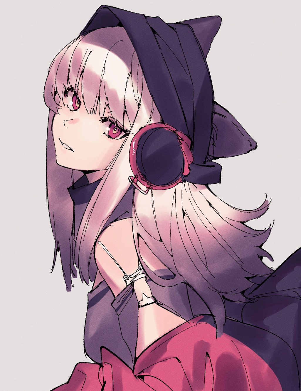 1girl animal_ears arknights bare_shoulders beanie black_headwear black_shirt ears_through_headwear fox_ears from_side frostleaf_(arknights) grey_background grey_hair hat headphones highres jacket long_hair looking_at_viewer mirin_chikuwa off_shoulder open_clothes open_jacket parted_lips red_eyes red_jacket shirt sidelocks simple_background solo upper_body