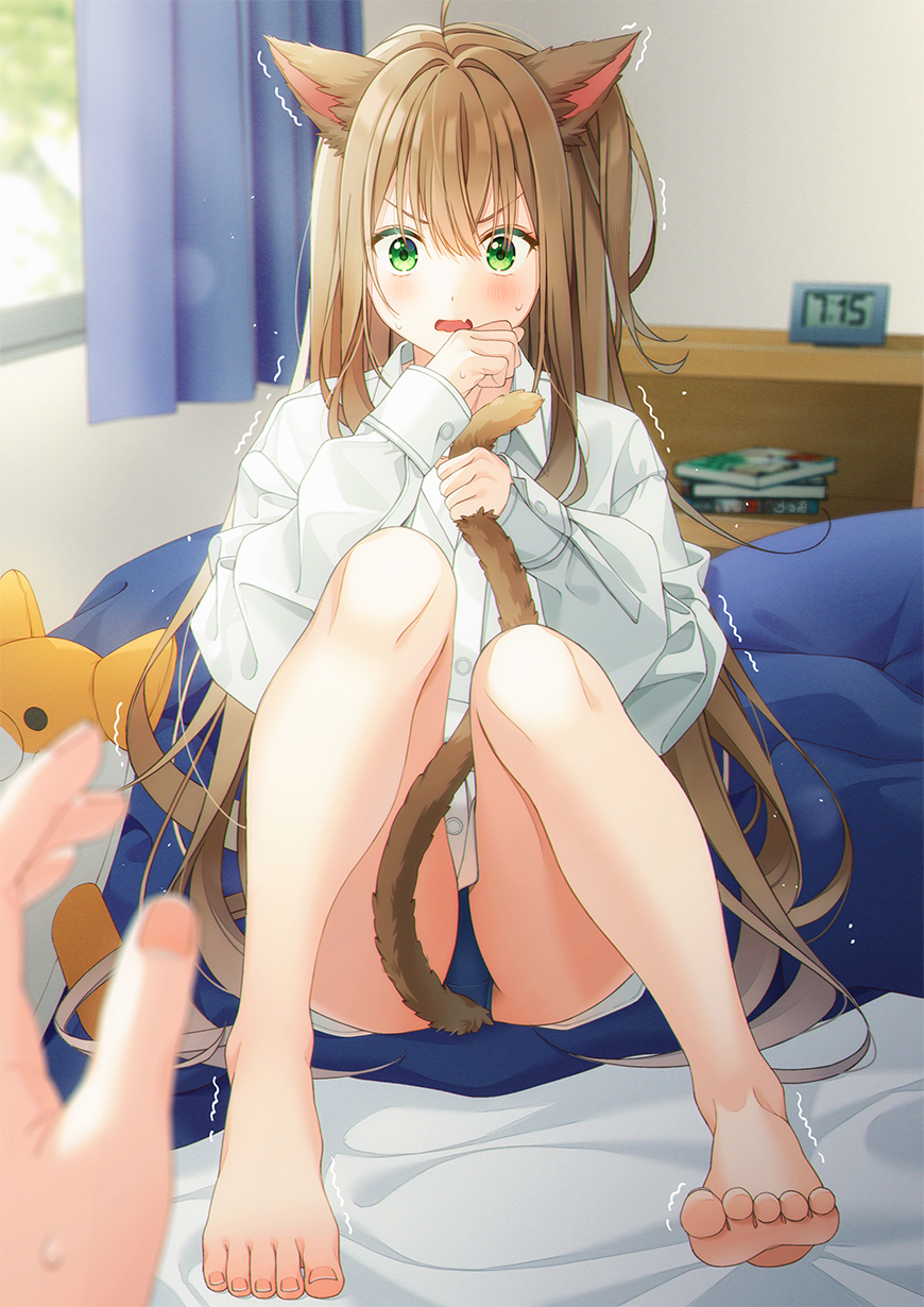 1girl animal_ears barefoot bed_sheet book brown_hair cat_ears cat_girl cat_tail clock commentary_request curtains digital_clock feet hand_up hands highres knees_up long_hair long_sleeves on_bed original panties pantyshot revision school_uniform shirt solo_focus stuffed_animal stuffed_toy tail toes trembling underwear unjem very_long_hair white_shirt window