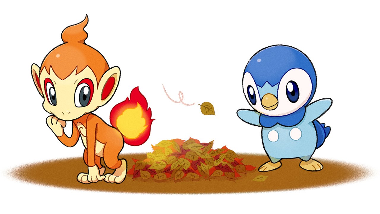 blue_eyes chimchar closed_mouth commentary_request fire flame grey_eyes leaf no_humans official_art piplup pokemon pokemon_(creature) project_pochama standing toes white_background