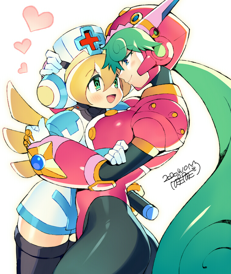 2girls android blonde_hair blue_eyes blush breasts cinnamon cinnamon_(mega_man) closed_mouth dated eyebrows_visible_through_hair green_eyes green_hair hand_on_another's_head hat headgear heart helmet hug iroyopon long_hair looking_at_another marino marino_(mega_man) mega_man_(series) mega_man_x:_command_mission mega_man_x_(series) multiple_girls nurse nurse_cap open_mouth signature smile white_background yuri