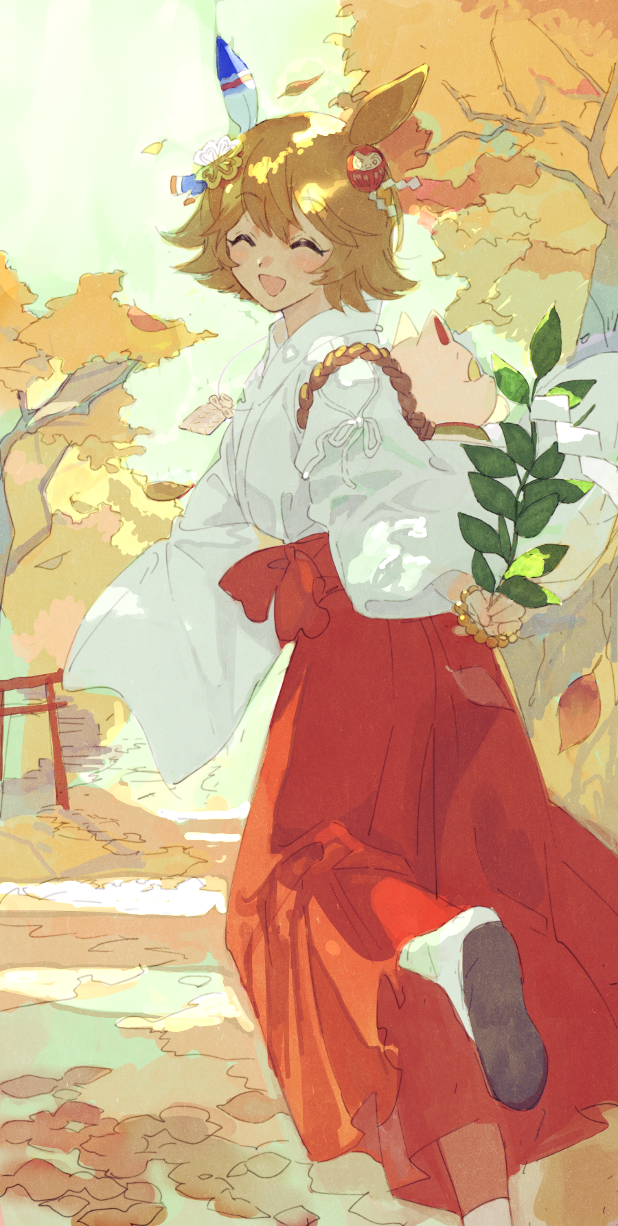 1girl ^_^ ^o^ amulet animal_ears backpack bag bangs bead_bracelet beads blonde_hair bracelet branch closed_eyes dappled_sunlight daruma_doll day ear_covers eyebrows_visible_through_hair facing_viewer falling_leaves foot_out_of_frame from_behind from_side green_sky hair_ornament hakama hakama_skirt happy high-waist_skirt highres holding holding_branch horse_ears japanese_clothes jewelry kimono leaf leg_up long_skirt long_sleeves looking_back maneki-neko matikanefukukitaru_(umamusume) miko omamori open_mouth outdoors red_hakama red_skirt roku_(tsua-kihuyu) rope running sash shade shadow shide shide_hair_ornament shoe_soles short_hair single_ear_cover skirt solo sunlight tabi torii tree tree_shade umamusume white_kimono wide_sleeves zouri