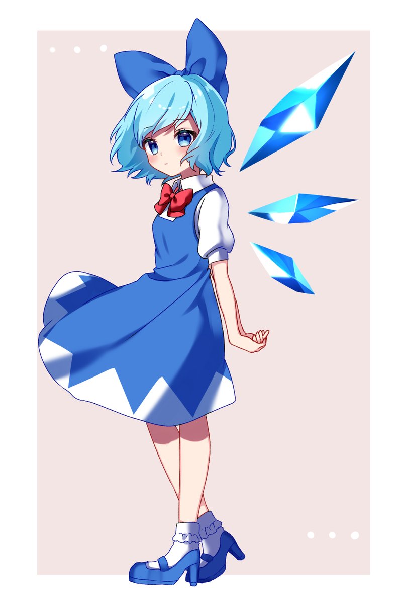 1girl bangs blue_bow blue_dress blue_eyes blue_footwear blue_hair blush bow bowtie brown_background cirno closed_mouth collar collared_shirt dress eyebrows_visible_through_hair highres ice ice_wings looking_at_viewer puffy_short_sleeves puffy_sleeves red_bow red_neckwear shinonome_asu shirt shoes short_hair short_sleeves simple_background socks solo standing touhou white_legwear white_shirt wings