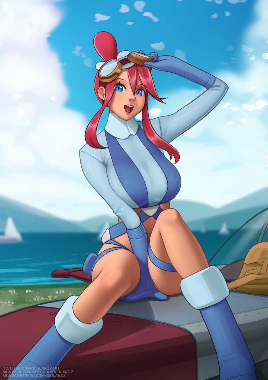 1girl :d blue_eyes blue_footwear blue_gloves blue_jacket blue_shorts boots breasts clouds commentary cropped_jacket day deilan12 english_commentary eyelashes eyeshadow gloves goggles goggles_on_head hair_ornament highres jacket makeup one_side_up open_mouth outdoors pokemon pokemon_(game) pokemon_bw red_eyeshadow redhead short_hair_with_long_locks short_shorts shorts sidelocks sitting sky skyla_(pokemon) smile solo teeth thigh_pouch tied_hair tongue turtleneck upper_teeth watermark web_address