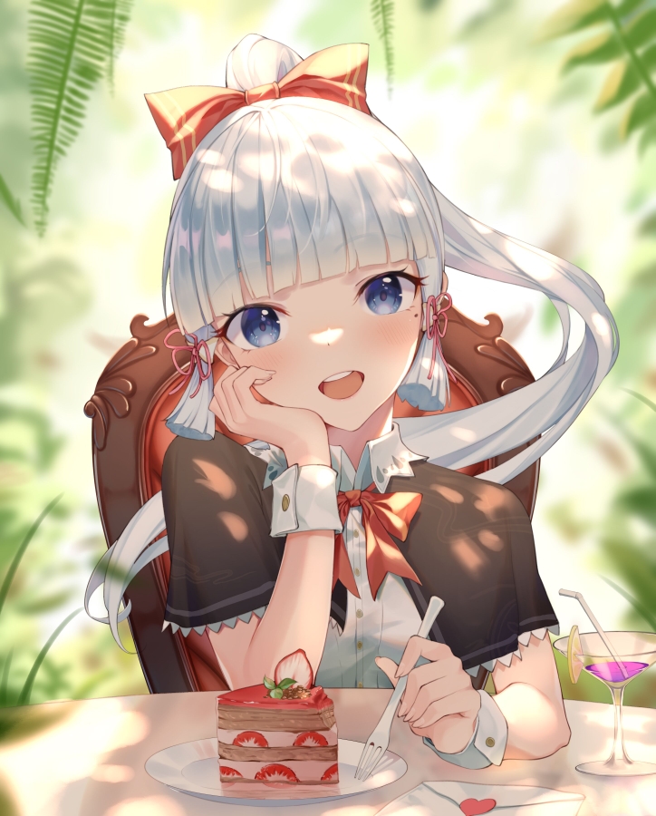 1girl bangs blue_eyes blunt_bangs blush bow cake chair cup drinking_glass drinking_straw food fork genshin_impact hair_bow hand_on_own_face kamisato_ayaka looking_at_viewer love_letter mole mole_under_eye open_mouth plate ponytail sherrya short_sleeves sidelocks sitting smile table white_hair