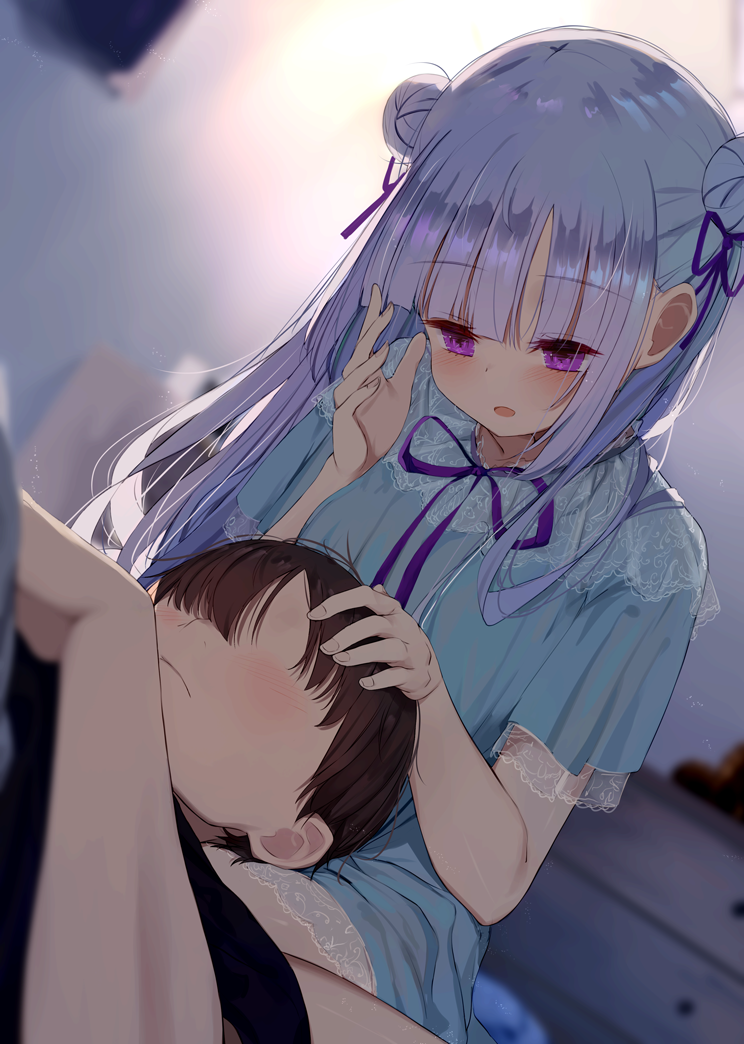 1boy 1girl bangs blue_dress blush brown_hair closed_mouth commentary_request double_bun dress eyebrows_visible_through_hair faceless faceless_male hair_ribbon hand_on_another's_head hand_up indoors kamizaki_hibana lap_pillow long_hair looking_down neck_ribbon open_mouth original purple_ribbon ribbon shiny shiny_hair short_sleeves silver_hair sitting
