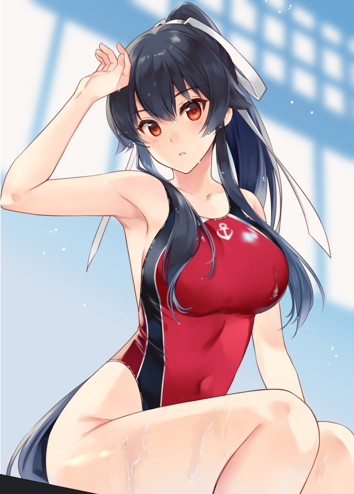 1girl anchor_symbol armpits bare_arms bare_legs bare_shoulders black_hair blush breasts collarbone competition_swimsuit eyebrows_visible_through_hair hair_between_eyes ichinomiya_(blantte) kantai_collection large_breasts long_hair one-piece_swimsuit parted_lips ponytail red_eyes red_swimsuit sitting solo swimsuit very_long_hair yahagi_(kancolle)