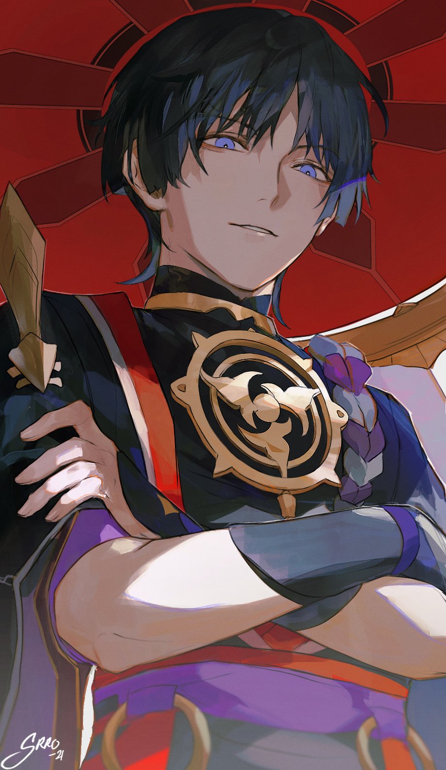 1boy armor bangs black_hair black_shirt crossed_arms genshin_impact hat highres japanese_armor japanese_clothes kote looking_at_viewer male_focus parted_lips scaramouche_(genshin_impact) shirt short_hair short_sleeves smile solo srro_yo upper_body violet_eyes