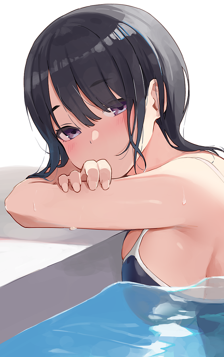 1girl black_hair blue_swimsuit breasts highres hiroki_(yyqw7151) large_breasts one-piece_swimsuit original partially_submerged pook short_hair solo swimsuit upper_body water