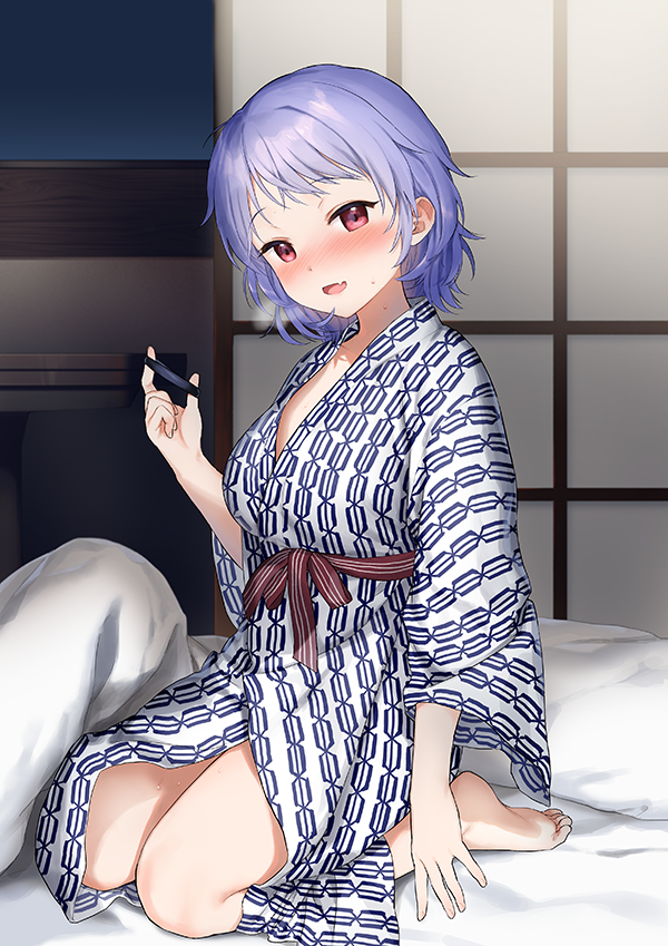 1girl :d barefoot blush commentary fang full_body futon hand_up head_tilt indoors japanese_clothes kimono long_sleeves looking_at_viewer night nose_blush open_mouth original pillow print_kimono purple_hair railing red_eyes sekiya_asami smile soles solo sweat symbol-only_commentary white_kimono wide_sleeves