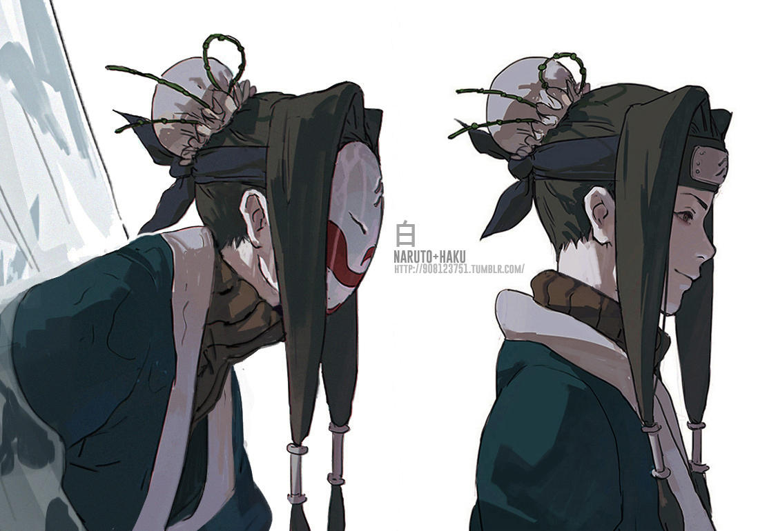 1boy black_eyes black_hair blue_kimono character_name character_profile character_sheet closed_mouth fisher903 forehead_protector hair_ornament haku_(naruto) ice japanese_clothes kimono long_hair mask naruto naruto_(series) ninja otoko_no_ko simple_background smile solo white_background