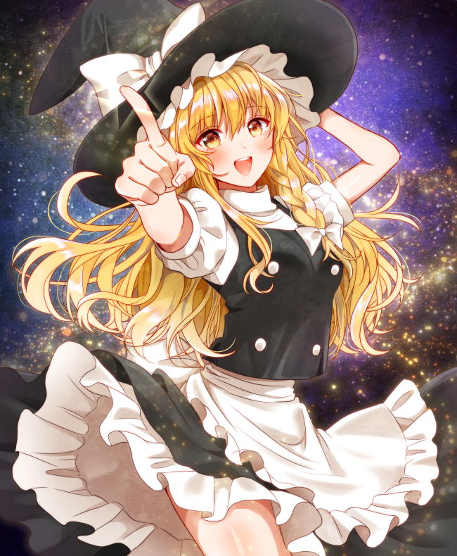 1girl apron bangs black_headwear black_skirt black_vest blonde_hair blush bow braid commentary_request cowboy_shot hair_bow hand_on_headwear hand_up hat hat_bow kirisame_marisa long_hair looking_at_viewer okawa_friend open_mouth pointing pointing_at_viewer shirt short_sleeves single_braid skirt smile solo star_(sky) starry_background teeth touhou upper_teeth vest waist_apron white_bow white_shirt witch_hat yellow_eyes