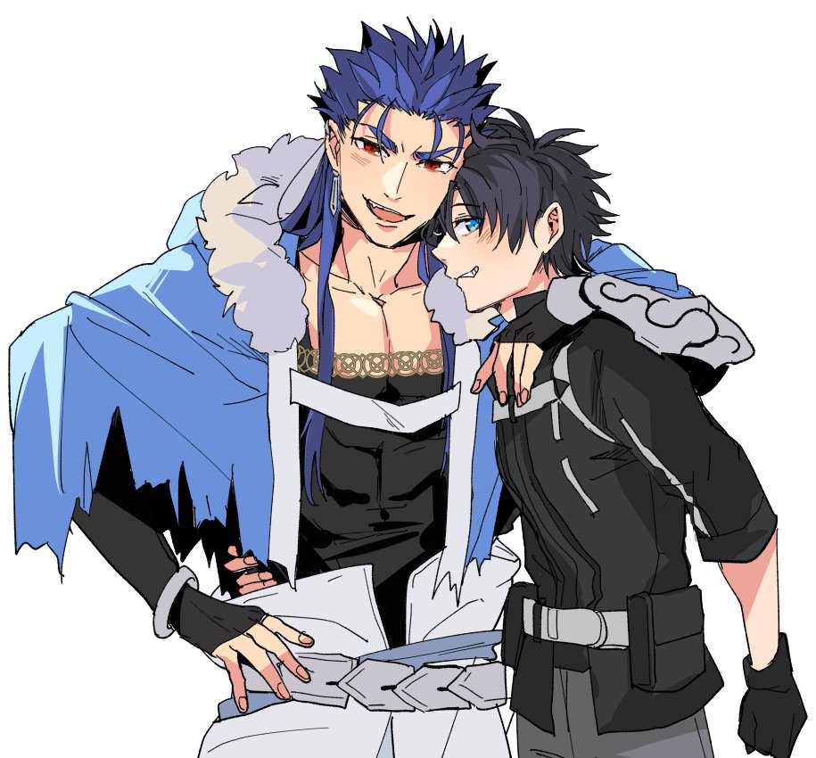 2boys arm_around_shoulder belt black_hair blue_eyes blue_hair bracelet capelet collarbone cu_chulainn_(caster)_(fate) cu_chulainn_(fate) earrings fate/grand_order fate_(series) fujimaru_ritsuka_(male) fur-trimmed_hood fur_trim gloves grin hand_on_hip hood hood_down hooded_capelet jewelry long_hair looking_at_viewer male_focus multiple_boys multiple_piercings nozawa open_mouth pectoral_cleavage pectorals red_eyes short_hair short_sleeves simple_background single_vambrace smile spiky_hair vambraces