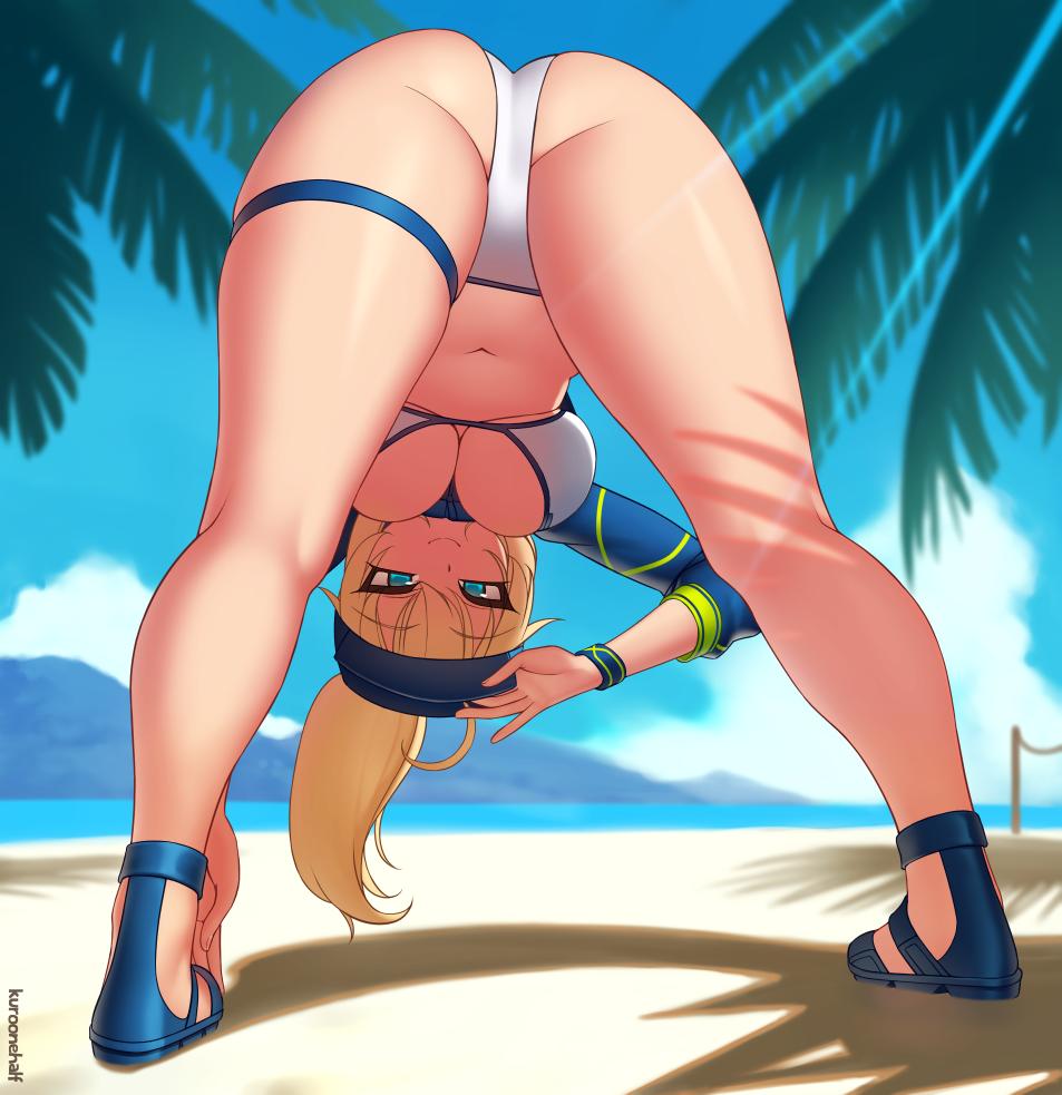 1girl ahoge artist_name artoria_pendragon_(fate) ass bangs baseball_cap beach bent_over bikini blonde_hair blue_eyes blue_headwear blue_sky breasts clouds commission day eyebrows_visible_through_hair fate/grand_order fate_(series) full_body hand_on_headwear hat kneepits kuroonehalf large_breasts legs_apart long_hair looking_through_legs mysterious_heroine_xx_(fate) navel outdoors palm_tree ponytail sandals shrug_(clothing) sky smile solo sunlight swimsuit thigh_strap tree white_bikini wristband