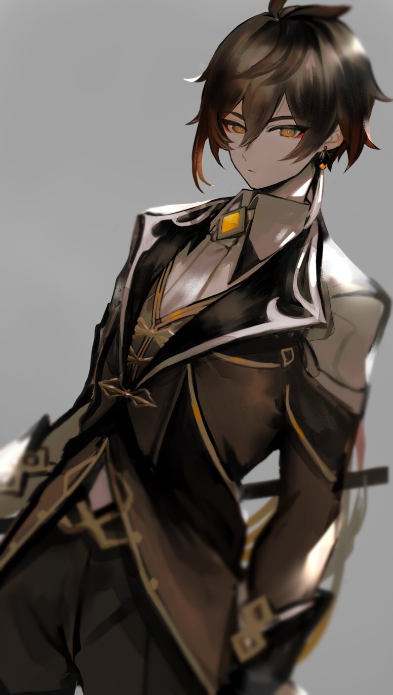 1boy bangs black_hair brown_hair closed_mouth earrings genshin_impact gradient_hair grey_background hair_between_eyes highres holding holding_weapon jacket jewelry long_hair long_sleeves male_focus multicolored_hair necktie orange_eyes orange_hair pants polearm ponytail shikke_gnsn single_earring solo tassel tassel_earrings weapon white_neckwear zhongli_(genshin_impact)