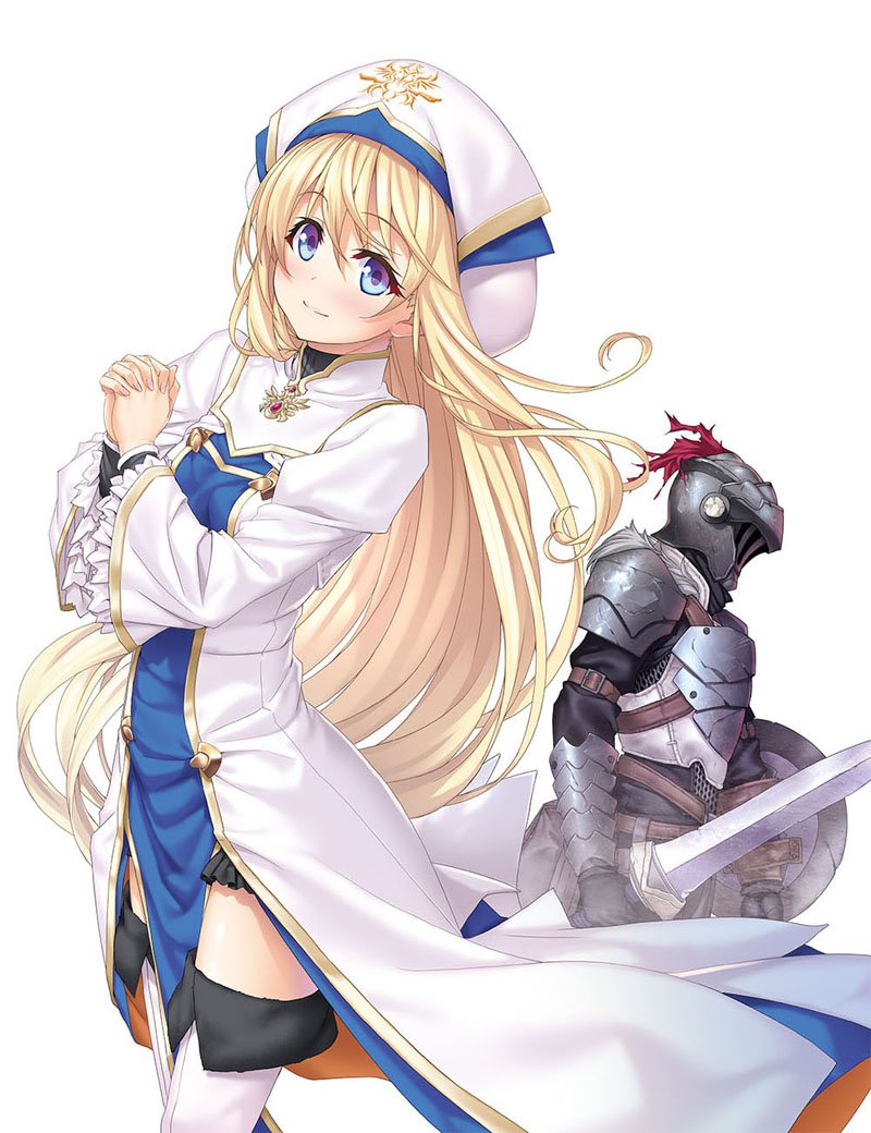 1boy 1girl armor bangs blonde_hair blue_eyes blush boots breastplate breasts brooch closed_mouth collared_dress dress eyebrows_visible_through_hair floating_hair frilled_sleeves frills full_armor fur_trim gauntlets goblin_slayer goblin_slayer! gold_trim hat helmet holding holding_shield holding_sword holding_weapon jewelry kannatsuki_noboru long_hair long_sleeves looking_at_viewer looking_to_the_side multicolored multicolored_clothes multicolored_headwear novel_illustration official_art own_hands_clasped own_hands_together plume priestess_(goblin_slayer!) second-party_source shield shoulder_armor simple_background small_breasts smile standing star_(symbol) sword thigh-highs thigh_boots very_long_hair weapon white_background white_dress white_headwear white_legwear