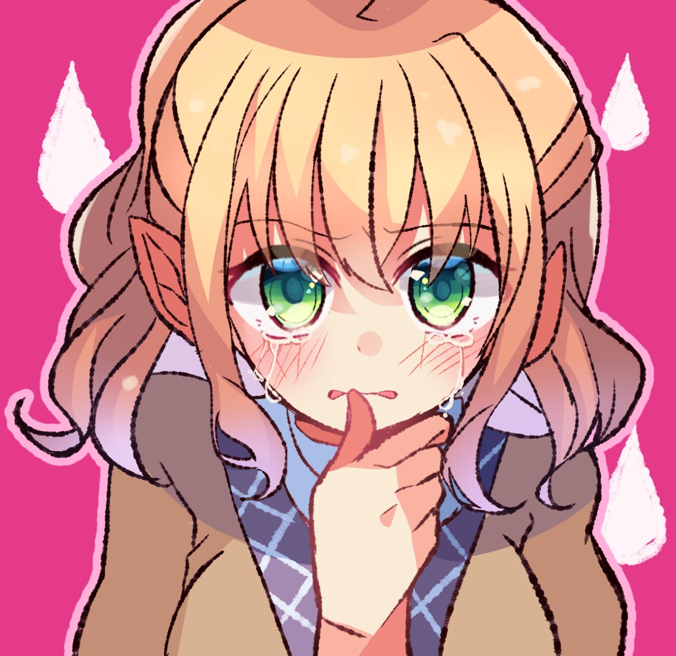 1girl bangs blonde_hair blush breasts brown_jacket crying crying_with_eyes_open eyebrows_visible_through_hair green_eyes highres jacket layered_clothing medium_breasts medium_hair meimei_(meimei89008309) mizuhashi_parsee open_mouth pointy_ears short_sleeves simple_background tears touhou upper_body wavy_hair