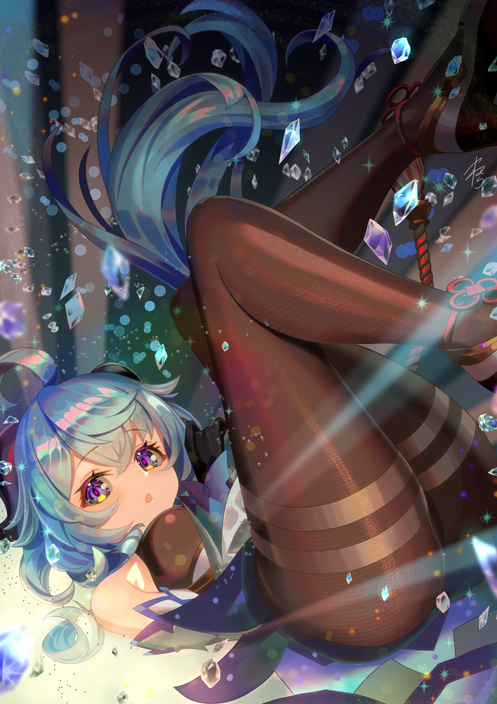 ahoge bangs bare_shoulders black_legwear blue_hair breasts chinese_knot detached_sleeves eyebrows_visible_through_hair flower_knot ganyu_(genshin_impact) genshin_impact horns ice legs_over_head legs_up long_hair looking_at_viewer magic multicolored multicolored_eyes open_mouth signature tassel thighlet very_long_hair wind yamahara