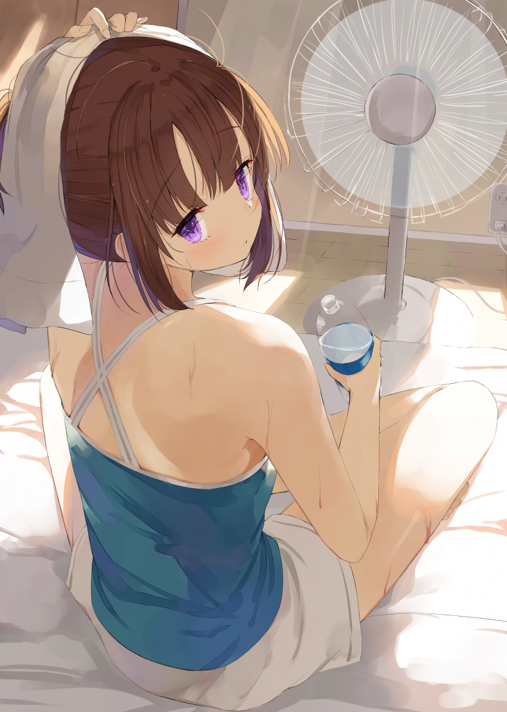 1girl arm_up bare_shoulders barefoot blue_shirt bottle brown_hair closed_mouth commentary criss-cross_halter electric_fan halterneck holding holding_bottle indoors kamizaki_hibana looking_at_viewer looking_back original shirt short_hair shorts sidelocks sitting solo spaghetti_strap towel towel_on_head violet_eyes water_bottle white_shorts