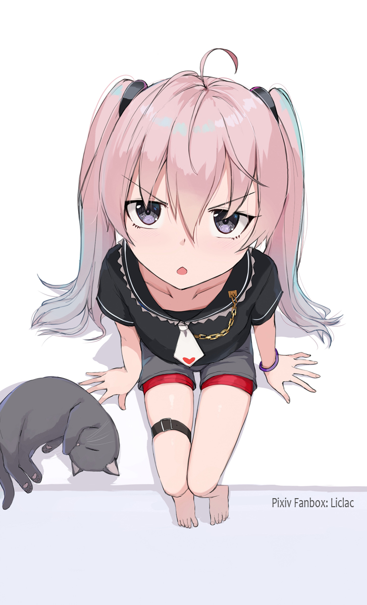 1girl ahoge animal arm_support artist_name bangs barefoot black_cat black_shirt cat commentary_request eyebrows_visible_through_hair from_above grey_shorts hair_between_eyes highres liclac long_hair looking_at_viewer looking_up original pink_hair red_shorts shadow shirt short_shorts short_sleeves shorts shorts_under_shorts solo twintails v-shaped_eyebrows very_long_hair violet_eyes white_background white_neckwear