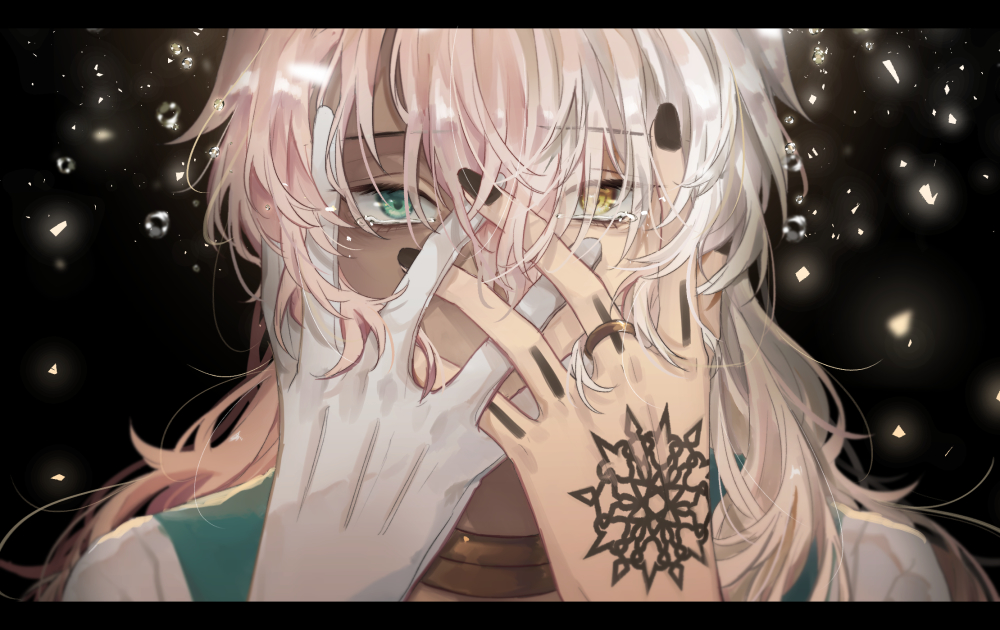 1boy black_background colored_skin crying crying_with_eyes_open dark-skinned_male dark_skin eyebrows_visible_through_hair eyes_visible_through_hair fate/grand_order fate_(series) gloves glowing green_eyes hair_between_eyes hair_over_shoulder hand_tattoo hands_on_own_face heterochromia jewelry letterboxed light_particles lindanyunyu long_hair male_focus multicolored multicolored_hair multicolored_skin neck_ring pink_hair ring romani_archaman solo solomon_(fate) spoilers tattoo tears two-tone_hair two-tone_skin white_gloves white_hair yellow_eyes