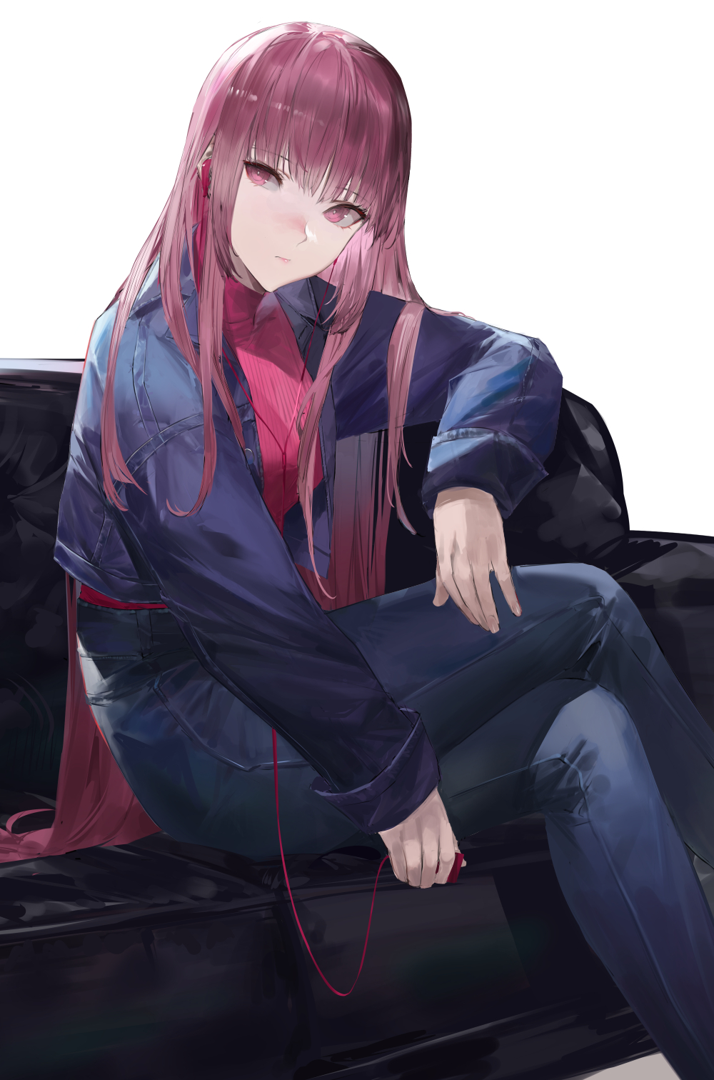 1girl bangs blazpu blue_jacket blue_pants breasts closed_mouth commentary couch cropped_jacket crossed_legs earphones eyebrows_visible_through_hair feet_out_of_frame highres hololive hololive_english jacket long_hair long_sleeves looking_away medium_breasts mori_calliope on_couch open_clothes open_jacket pants pink_eyes pink_hair red_sweater sitting solo sweater very_long_hair virtual_youtuber white_background