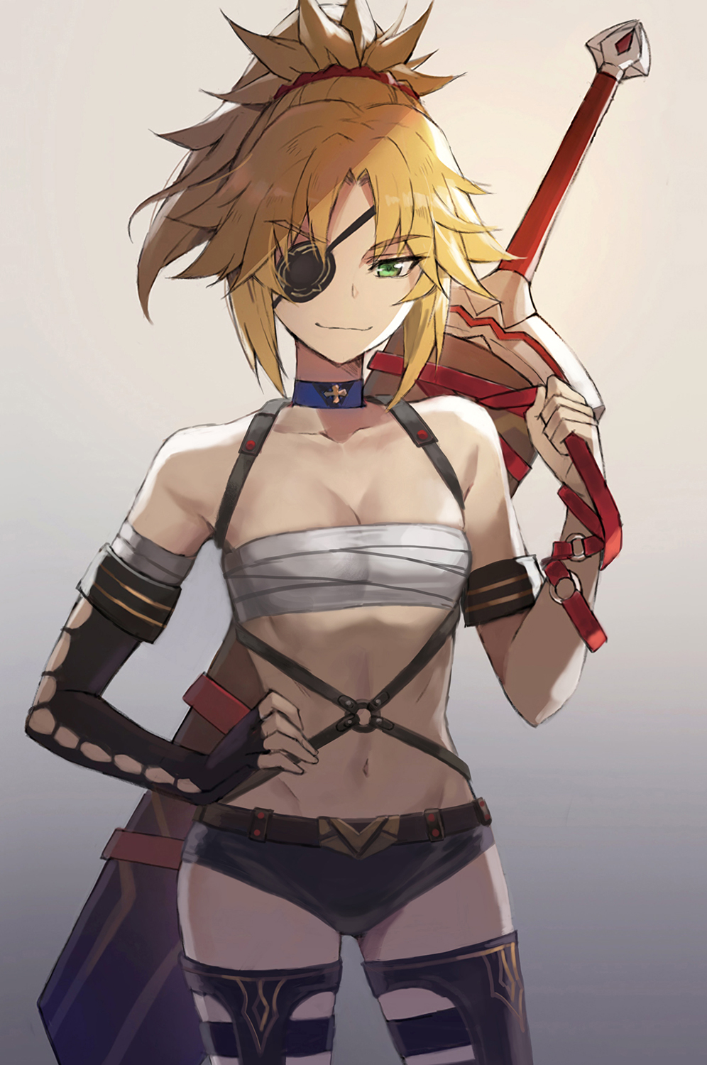 1girl black_shorts blonde_hair closed_mouth eyebrows_visible_through_hair eyepatch fate_(series) gradient gradient_background green_eyes grey_background hand_on_hip highres looking_at_viewer mordred_(fate) short_shorts shorts smile solo sword tonee weapon