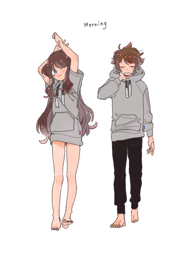 1boy 1girl alternate_costume arms_up bangs barefoot black_pants blue_eyes blush brown_hair closed_eyes closed_mouth eyelashes grey_hoodie hagetapo hilbert_(pokemon) hilda_(pokemon) hood hood_down hoodie long_hair long_sleeves looking_up pants parted_lips pokemon pokemon_(game) pokemon_bw short_sleeves sidelocks simple_background stretch symbol-only_commentary tearing_up toes white_background