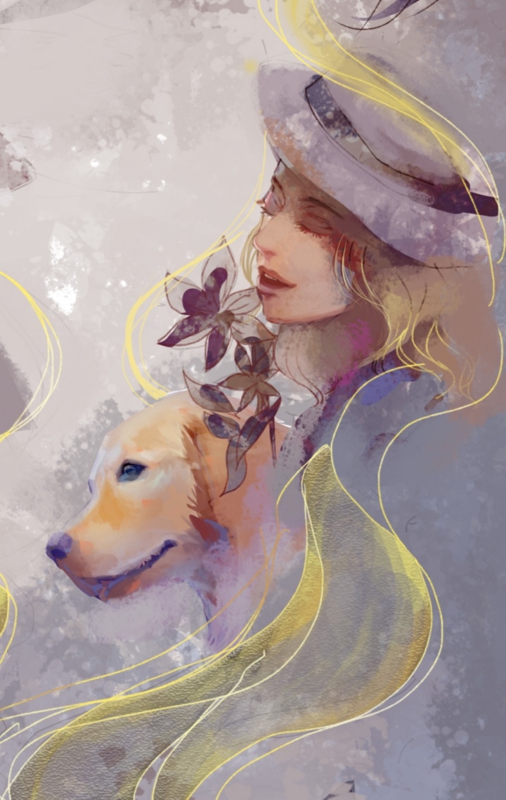 1girl animal audrey_hall blonde_hair cangzhili chinese_commentary closed_eyes commentary_request dog flower golden_retriever hat long_hair lord_of_the_mysteries open_mouth shaded_face susie_(lord_of_the_mysteries) teeth white_headwear
