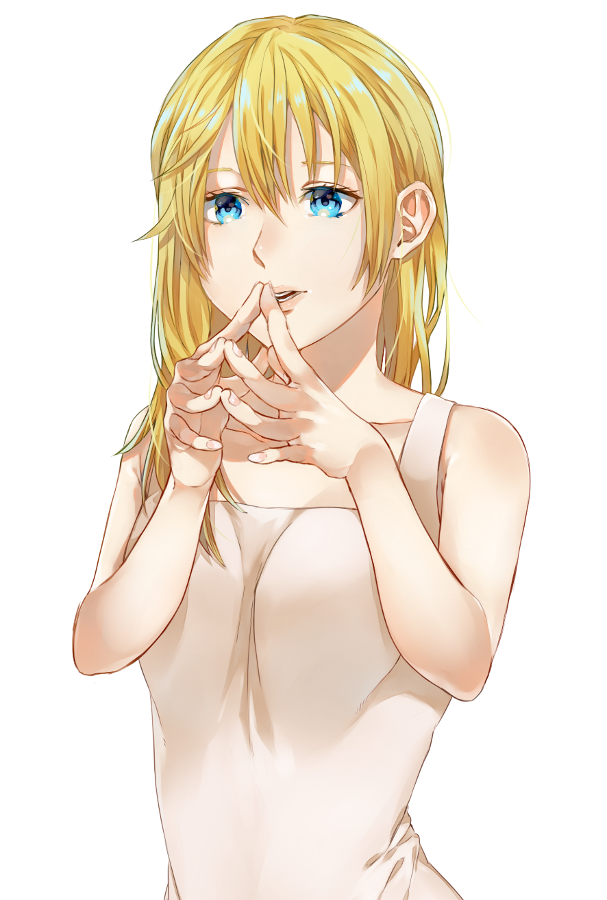 1girl bare_shoulders blonde_hair blue_eyes breasts collarbone dress highres jack_(neku13) kingdom_hearts kingdom_hearts_ii long_hair looking_at_viewer namine open_mouth simple_background solo white_background white_dress