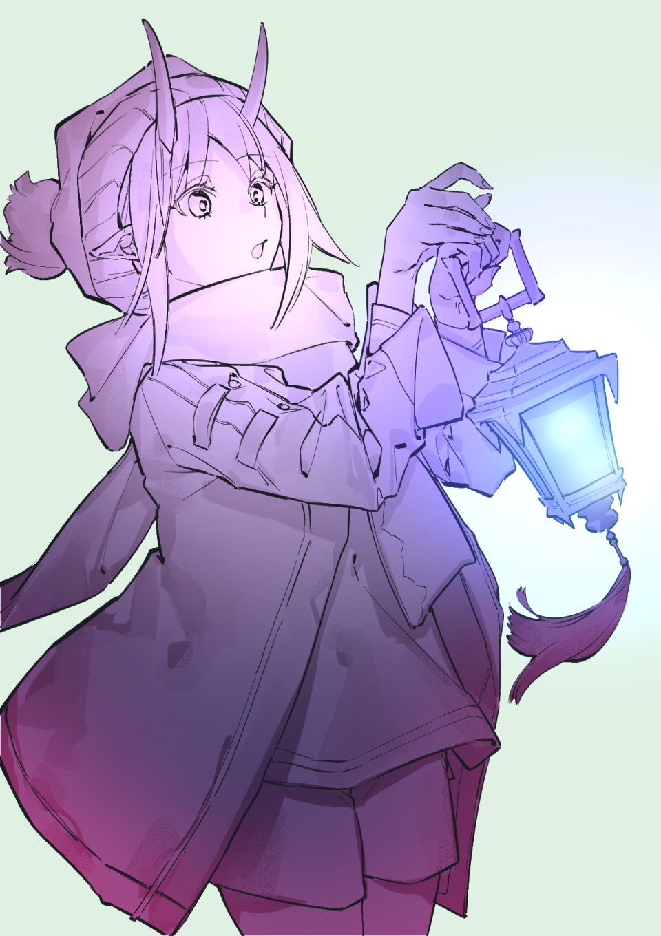 1girl arknights beanie cowboy_shot demon_horns eyebrows_visible_through_hair grey_background hat hibiscus_(arknights) hibiscus_(night_watcher)_(arknights) highres holding holding_lantern horns jacket lantern looking_to_the_side mirin_chikuwa monochrome official_alternate_costume open_clothes open_jacket open_mouth purple_theme scarf shirt shorts sidelocks simple_background solo