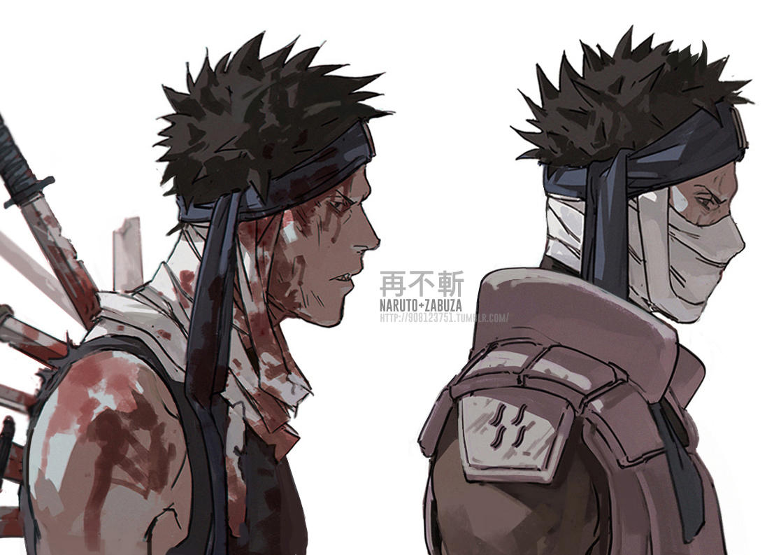 1boy bandages black_eyes black_hair blood blood_on_bandages blood_on_clothes blood_on_face blood_on_weapon broken broken_sword broken_weapon character_name character_profile character_sheet fisher903 forehead_protector male_focus momochi_zabuza naruto naruto_(series) ninja open_mouth short_hair simple_background solo spiky_hair stab sword v-shaped_eyebrows vest weapon white_background